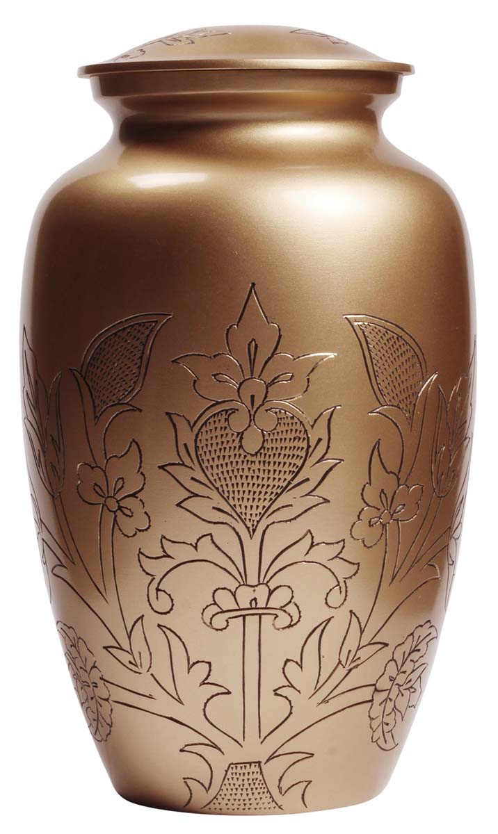 10” Brass Cremation Urn – Gold Tone – Etched Floral Motifs – Solid Urns for Ashes at Wholesale